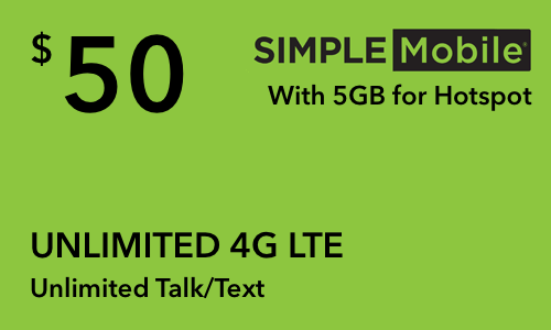 Simple Mobile - $50 Unlimited Monthly Refill